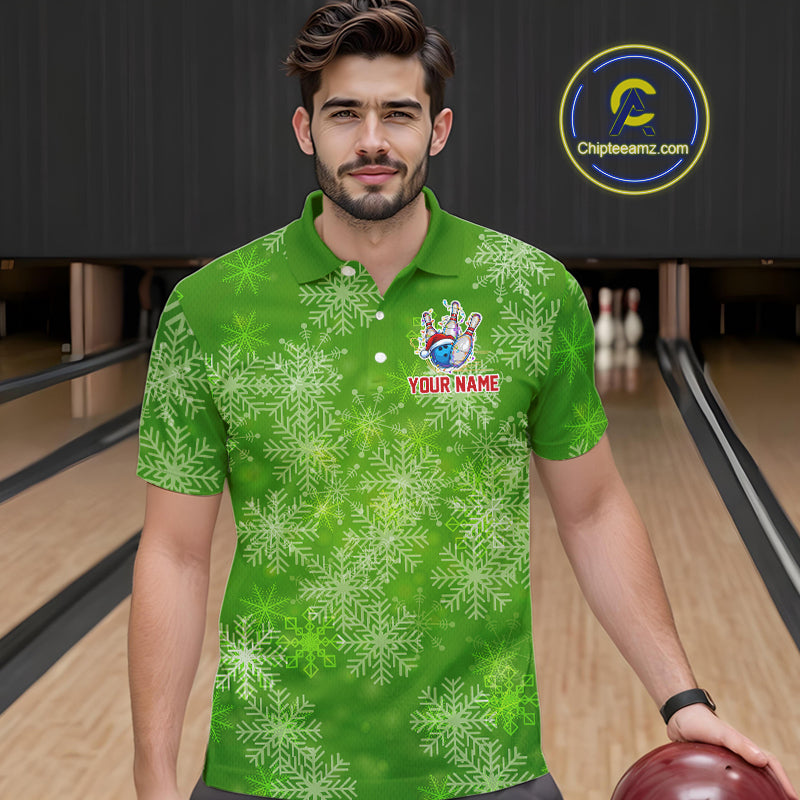 Personalized Funny Green Snowflake Christmas Bowling Team Shirts For Men, Christmas Bowling Gifts NQS10831