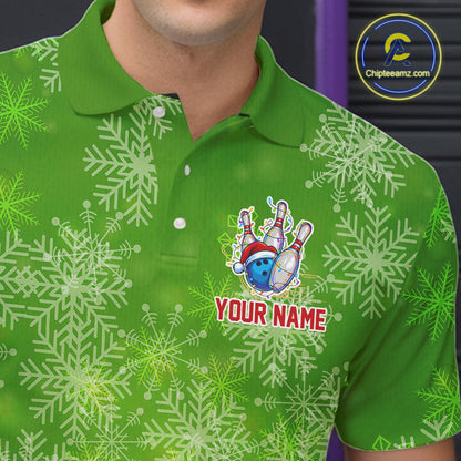 Personalized Funny Green Snowflake Christmas Bowling Team Shirts For Men, Christmas Bowling Gifts NQS10831