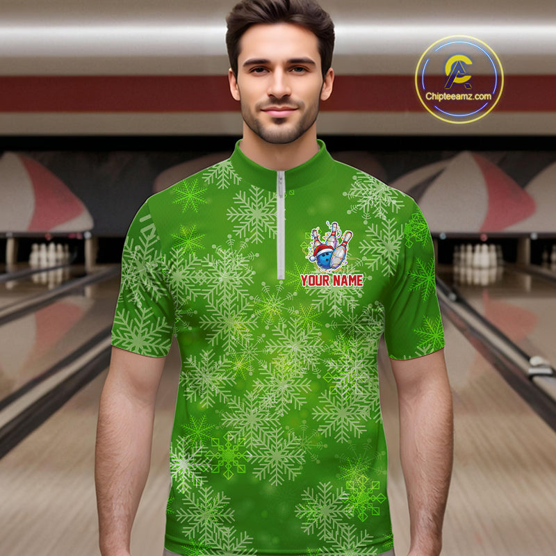 Personalized Funny Green Snowflake Christmas Bowling Team Shirts For Men, Christmas Bowling Gifts NQS10831