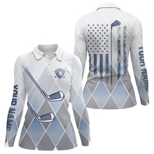 Load image into Gallery viewer, Blue argyle pattern American flag Golf clubs Womens Golf Polo Shirts Custom Golf shirt for ladies NQS9126