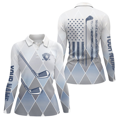 Blue argyle pattern American flag Golf clubs Womens Golf Polo Shirts Custom Golf shirt for ladies NQS9126