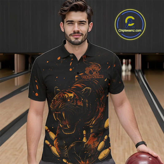 Personalized Black and Orange Tiger Bowling Team Polo, 1/4 Zip Shirts For Men, Tiger Bowling Jerseys NQS11203