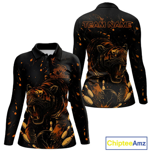 Personalized Black and Orange Tiger Bowling Team Polo, 1/4 Zip Shirts For Women, Tiger Bowling Jersey NQS11203