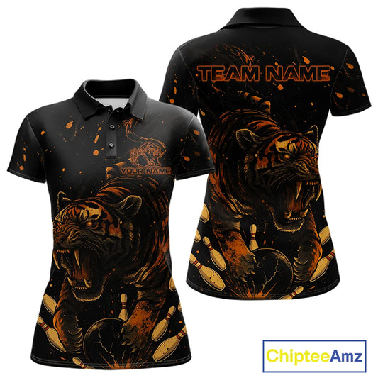 Personalized Black and Orange Tiger Bowling Team Polo, 1/4 Zip Shirts For Women, Tiger Bowling Jersey NQS11203