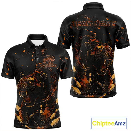 Personalized Black and Orange Tiger Bowling Team Polo, 1/4 Zip Shirts For Men, Tiger Bowling Jerseys NQS11203