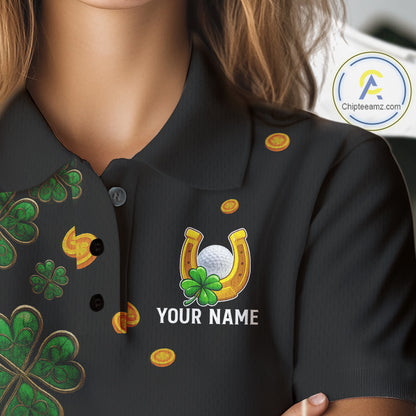 Personalized Green Clover St Patrick's Day pattern Golf Polo Shirts For Women, Best ladies golf wear NQS11207