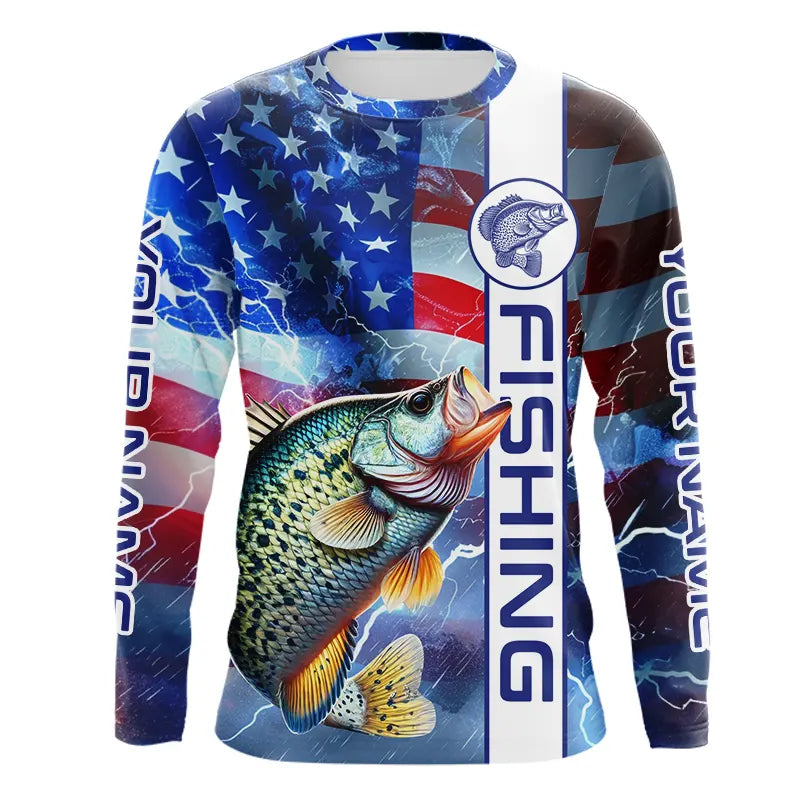 American flag Crappie lingtning Long Sleeve Fishing Shirts custom Patriotic Crappie fishing jerseys NQS9472