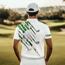 Load image into Gallery viewer, Green shamrock pattern White Mens Golf Polo Shirt Custom golf clubs St Patrick day golf attire for men NQS9476