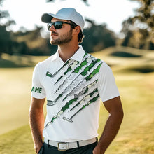 Load image into Gallery viewer, Green shamrock pattern White Mens Golf Polo Shirt Custom golf clubs St Patrick day golf attire for men NQS9476