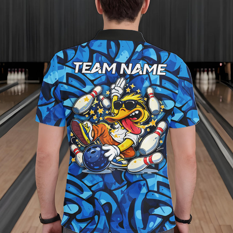Funny Duck Bowling Polo, 1/4 Zip Shirts for Men Custom Blue graffiti pattern Team Bowling Jerseys NQS11603
