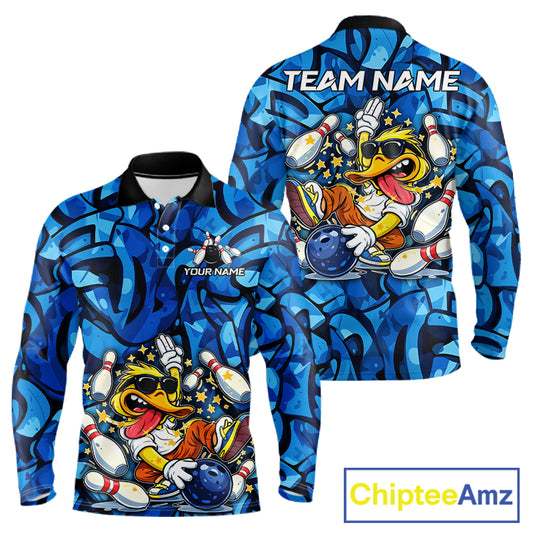 Funny Duck Bowling Polo, 1/4 Zip Shirts for Men Custom Blue graffiti pattern Team Bowling Jerseys NQS11603