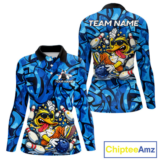 Funny Duck Bowling Polo, 1/4 Zip Shirts for Women Custom Blue graffiti pattern Team Bowling Jerseys NQS11603