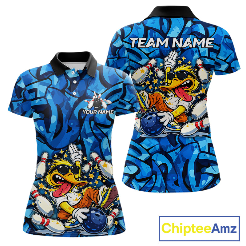Funny Duck Bowling Polo, 1/4 Zip Shirts for Women Custom Blue graffiti pattern Team Bowling Jerseys NQS11603