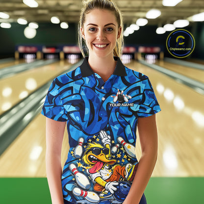 Funny Duck Bowling Polo, 1/4 Zip Shirts for Women Custom Blue graffiti pattern Team Bowling Jerseys NQS11603
