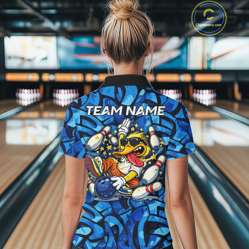 Funny Duck Bowling Polo, 1/4 Zip Shirts for Women Custom Blue graffiti pattern Team Bowling Jerseys NQS11603