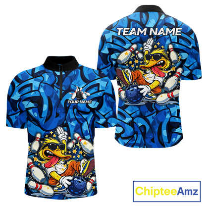 Funny Duck Bowling Polo, 1/4 Zip Shirts for Men Custom Blue graffiti pattern Team Bowling Jerseys NQS11603