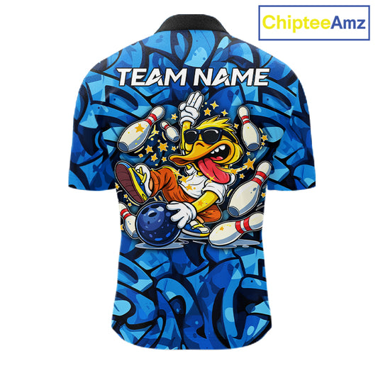 Funny Duck Bowling Polo, 1/4 Zip Shirts for Men Custom Blue graffiti pattern Team Bowling Jerseys NQS11603