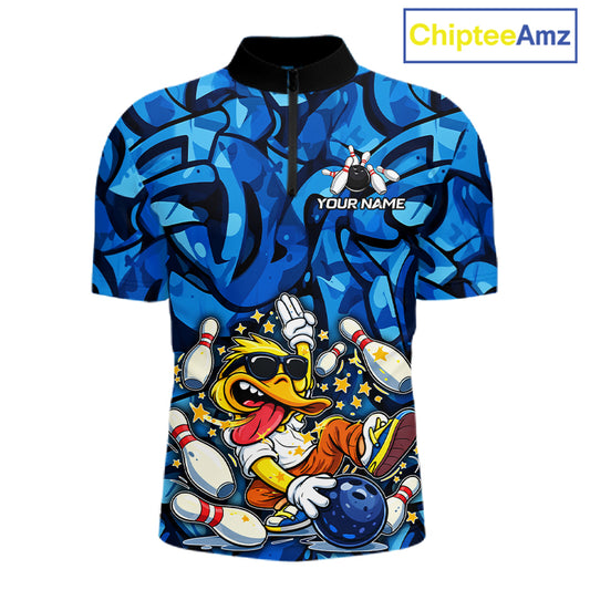 Funny Duck Bowling Polo, 1/4 Zip Shirts for Men Custom Blue graffiti pattern Team Bowling Jerseys NQS11603