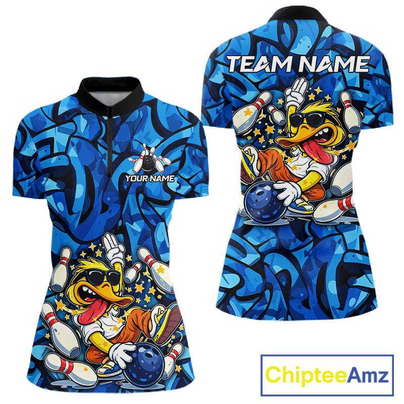 Funny Duck Bowling Polo, 1/4 Zip Shirts for Women Custom Blue graffiti pattern Team Bowling Jerseys NQS11603