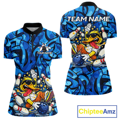 Funny Duck Bowling Polo, 1/4 Zip Shirts for Women Custom Blue graffiti pattern Team Bowling Jerseys NQS11603
