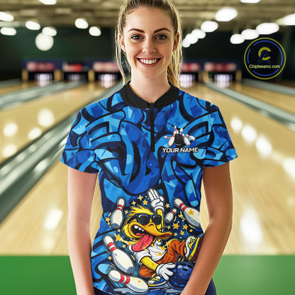 Funny Duck Bowling Polo, 1/4 Zip Shirts for Women Custom Blue graffiti pattern Team Bowling Jerseys NQS11603