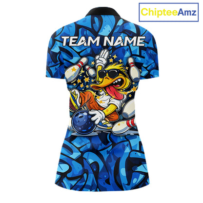 Funny Duck Bowling Polo, 1/4 Zip Shirts for Women Custom Blue graffiti pattern Team Bowling Jerseys NQS11603