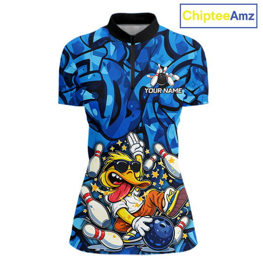 Funny Duck Bowling Polo, 1/4 Zip Shirts for Women Custom Blue graffiti pattern Team Bowling Jerseys NQS11603