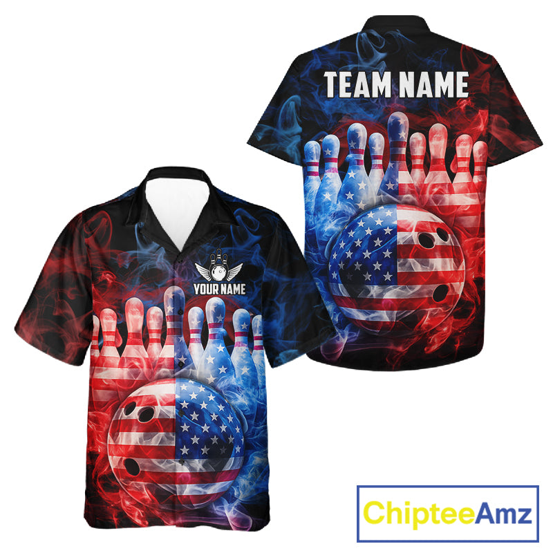 Smoke American Flag Bowling ball & pins Bowling Button-up Shirts Custom patriotic Team Bowling Jersey NQS11606