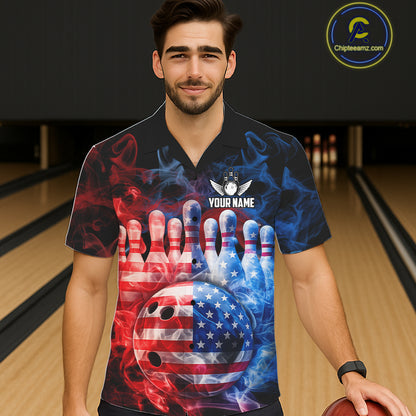 Smoke American Flag Bowling ball & pins Bowling Button-up Shirts Custom patriotic Team Bowling Jersey NQS11606