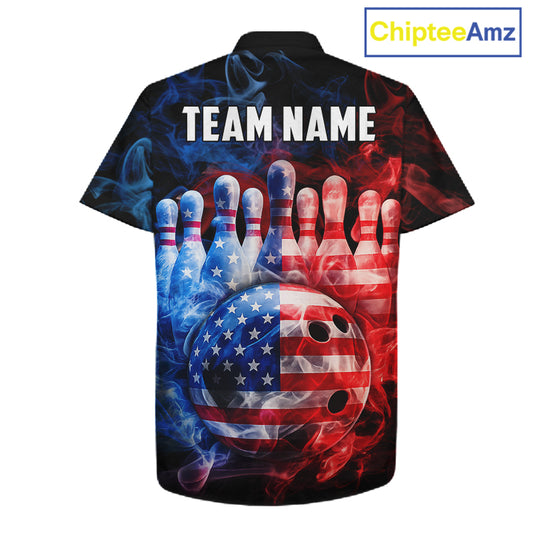 Smoke American Flag Bowling ball & pins Bowling Button-up Shirts Custom patriotic Team Bowling Jersey NQS11606
