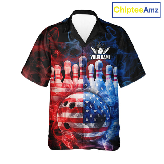 Smoke American Flag Bowling ball & pins Bowling Button-up Shirts Custom patriotic Team Bowling Jersey NQS11606