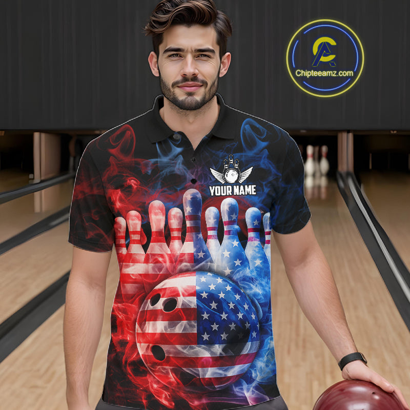 Smoke American Flag Bowling ball and pins Bowling Shirts for Men Custom patriotic Team Bowling Jersey NQS11606