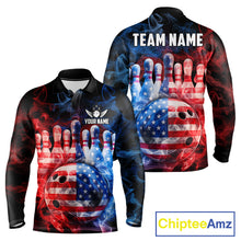 Load image into Gallery viewer, Smoke American Flag Bowling ball and pins Bowling Shirts for Men Custom patriotic Team Bowling Jersey NQS11606