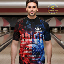 Load image into Gallery viewer, Smoke American Flag Bowling ball and pins Bowling Shirts for Men Custom patriotic Team Bowling Jersey NQS11606