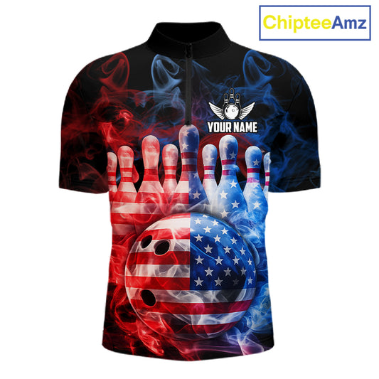 Smoke American Flag Bowling ball and pins Bowling Shirts for Men Custom patriotic Team Bowling Jersey NQS11606