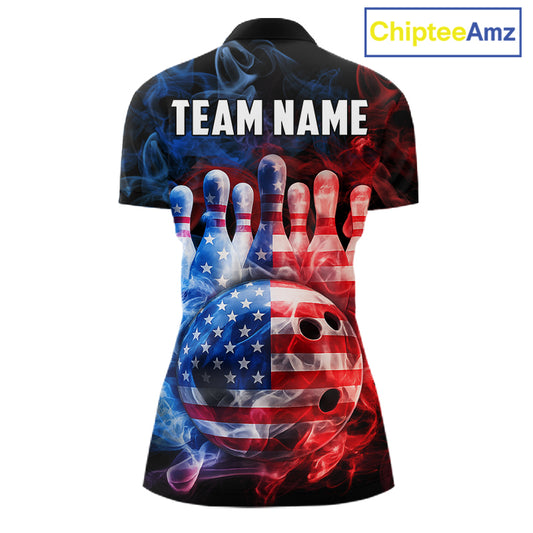 Smoke American Flag Bowling ball & pins Bowling Shirts for Women Custom patriotic Team Bowling Jersey NQS11606