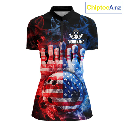 Smoke American Flag Bowling ball & pins Bowling Shirts for Women Custom patriotic Team Bowling Jersey NQS11606