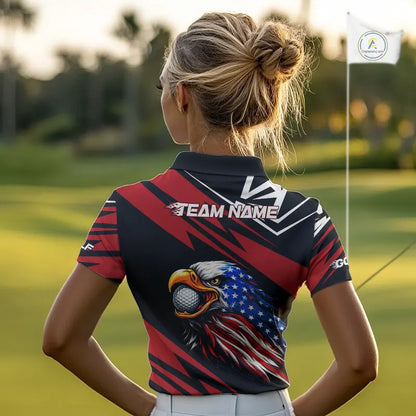 Custom Black and Red Camo American Flag Eagle Women Golf Polo shirts, patriotic team ladies golf tops NQS11608