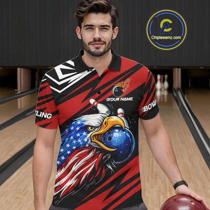 Custom Black and Red Camo American Flag Eagle Bowling shirts for men, patriotic bowling team shirts NQS11609