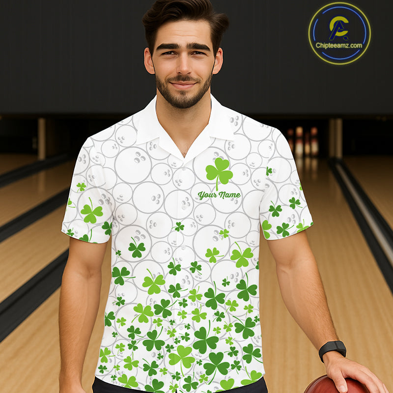 Custom Green shamrock pattern White Camo Button-up Bowling shirts St Patrick's day team bowling shirt NQS11611
