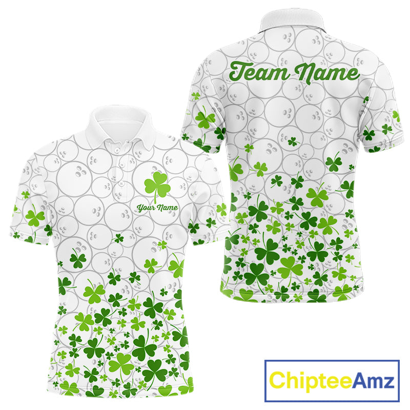 Custom Green shamrock pattern White Camo Bowling shirts for men, St Patrick's day team bowling shirts NQS11611