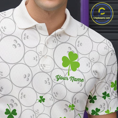 Custom Green shamrock pattern White Camo Bowling shirts for men, St Patrick's day team bowling shirts NQS11611