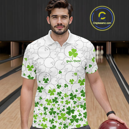Custom Green shamrock pattern White Camo Bowling shirts for men, St Patrick's day team bowling shirts NQS11611