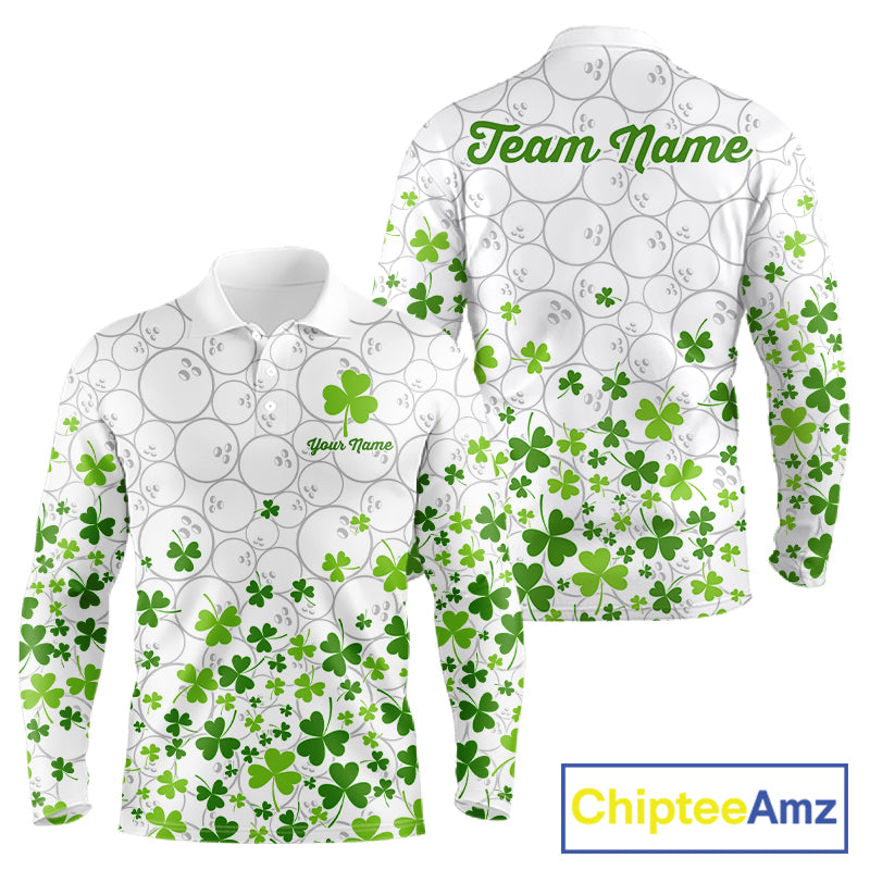 Custom Green shamrock pattern White Camo Bowling shirts for men, St Patrick's day team bowling shirts NQS11611