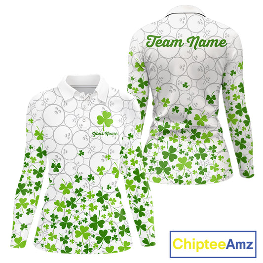 Custom Green shamrock pattern White Camo Bowling shirts for Women St Patrick's day team bowling shirt NQS11611