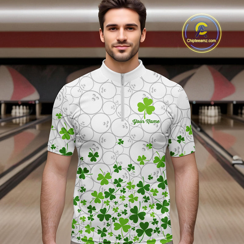 Custom Green shamrock pattern White Camo Bowling shirts for men, St Patrick's day team bowling shirts NQS11611