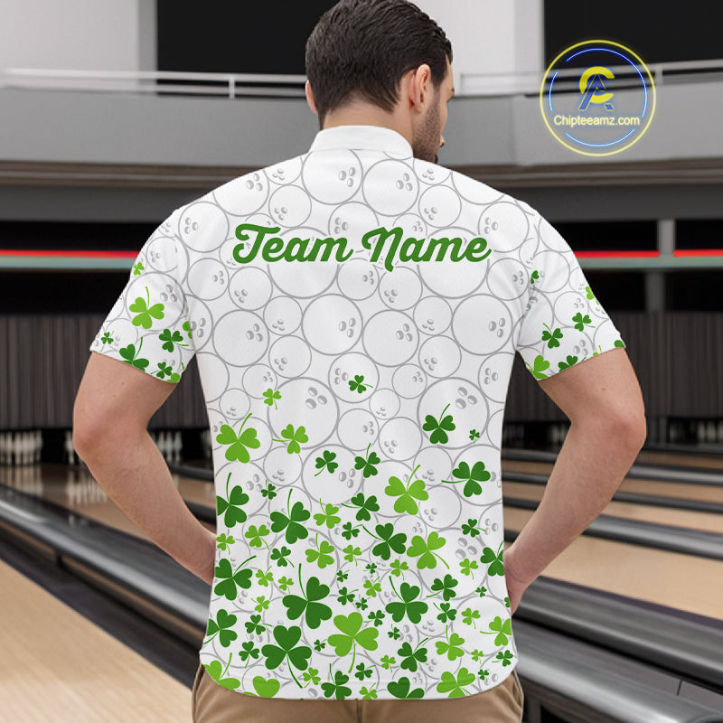 Custom Green shamrock pattern White Camo Bowling shirts for men, St Patrick's day team bowling shirts NQS11611