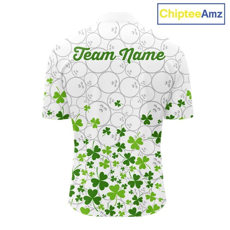 Custom Green shamrock pattern White Camo Bowling shirts for men, St Patrick's day team bowling shirts NQS11611
