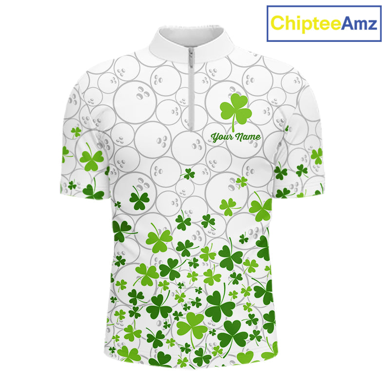 Custom Green shamrock pattern White Camo Bowling shirts for men, St Patrick's day team bowling shirts NQS11611