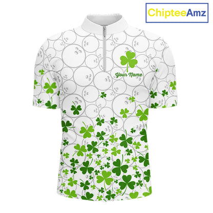 Custom Green shamrock pattern White Camo Bowling shirts for men, St Patrick's day team bowling shirts NQS11611